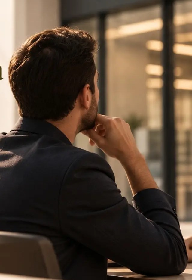 Cliente considerando suas opções em frente a uma instituição financeira