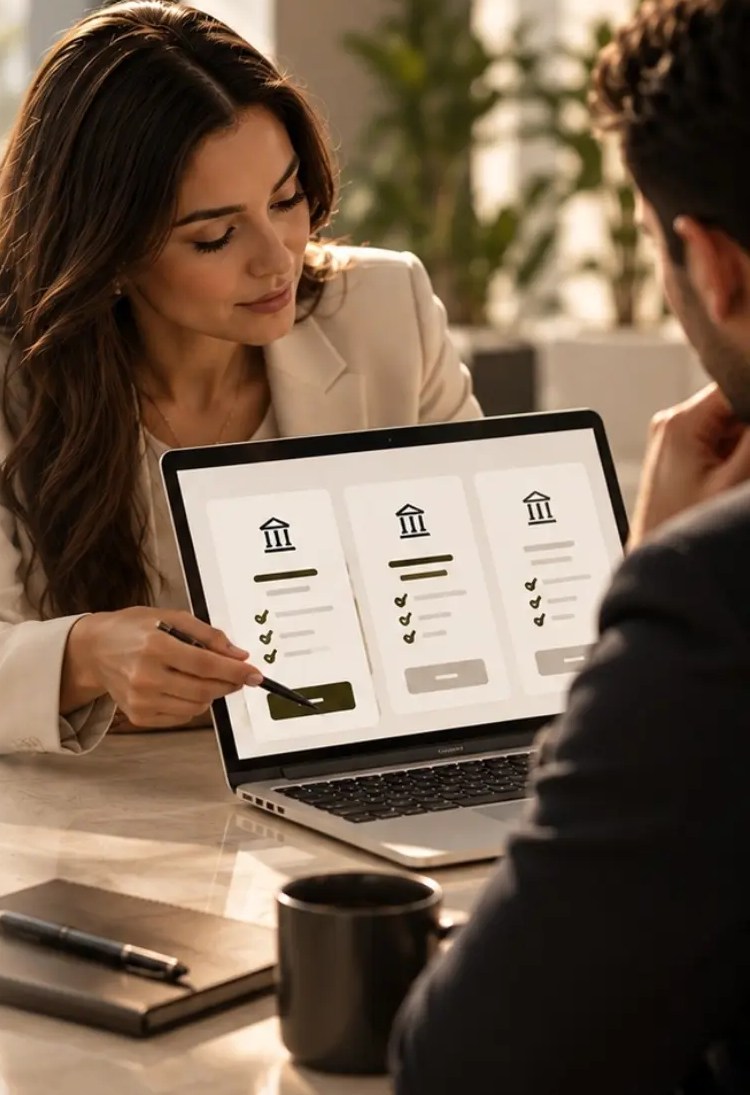 Consultora conversando com um cliente sobre diferentes possibilidades financeiras